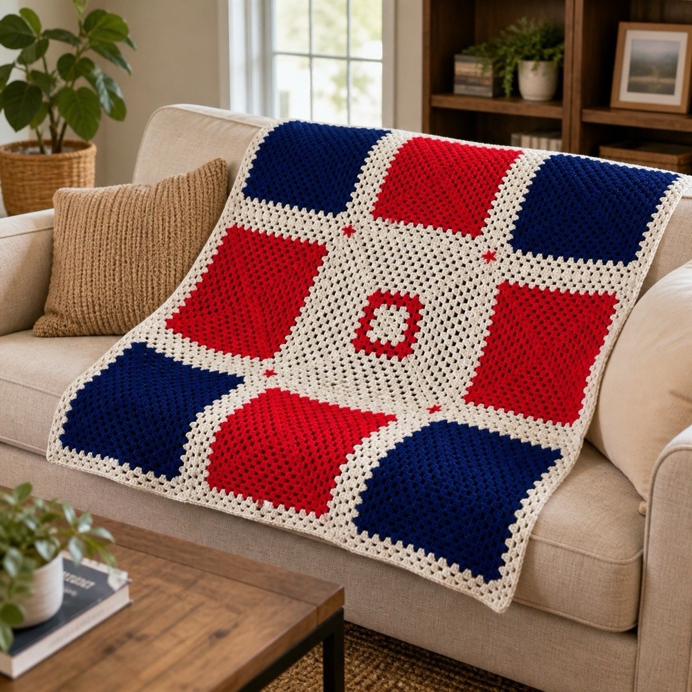Handmade Patriotic Crochet Afghan Throw Blanket 46x46 Red White Blue Americana